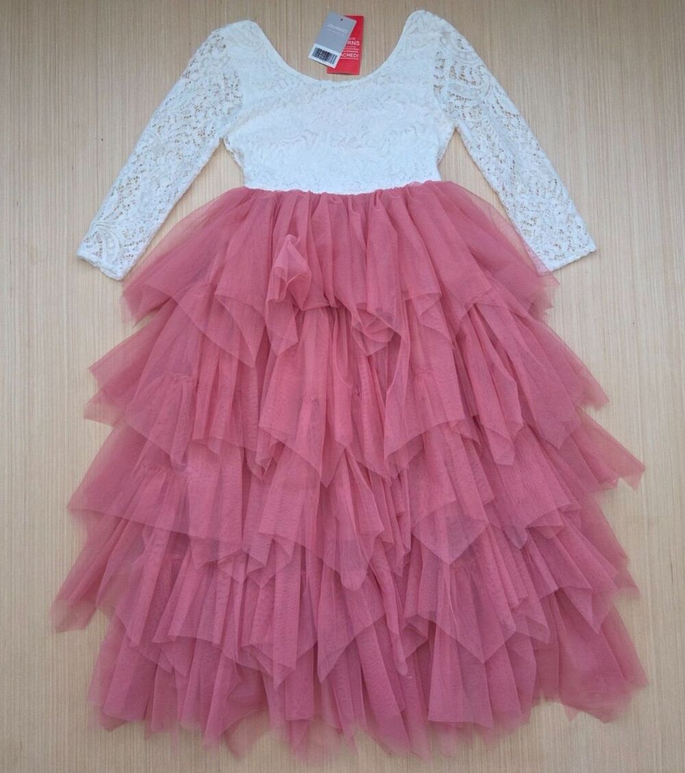 2Bunnies Girl's Peony Lace Back A-Line Tiered Tutu Tulle Dusty Pink